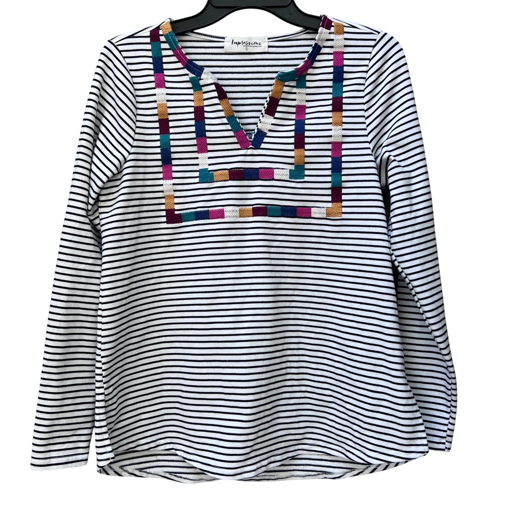 Impressions Striped Long Sleeve‎ Top Embroidered Bib V-Neck Black White Small